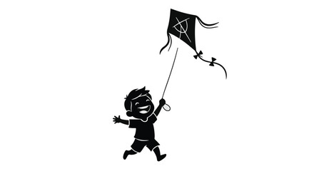 Joyful child running with a kite against a white background