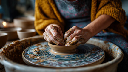 Woman taking pottery class shaping clay on wheel, concentration and smile, artistic creation, mindfulness craft, new skill learning, creativity and patience, relaxing hobby, with c