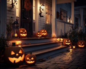 Obraz premium Halloween Pumpkin Jack O' Lanterns lighting up a decorated front porch, 3d Illustration