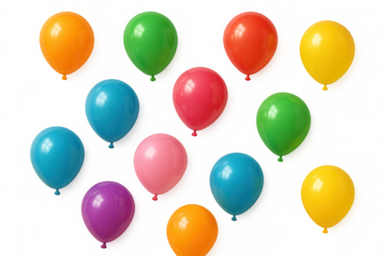 Many colorful balloons floating on transparent background, symbolizing celebration, party, birthday and festive events