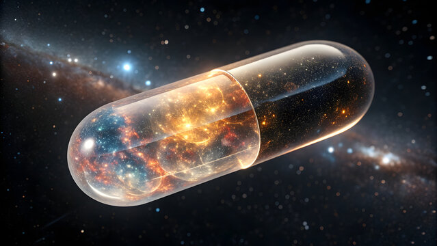A transparent, pill-shaped capsule floating in deep space, filled with glowing cosmic dust—its left half radiating warm tones of amber, gold, and soft red nebulae - Powered by Adobe