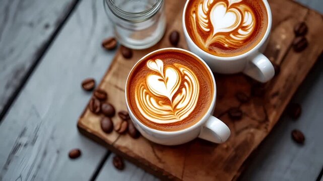 A closeup shot of two cups of coffee with intricate latte art on a wooden surface. The background is a rustic wooden table with coffee beans scattered around.