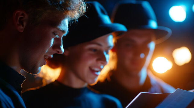 Actors rehearsing for community theater play, scripts and laughter, stage lights, teamwork and creativity, artistic passion, local culture, performing arts, group inspiration, with