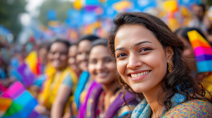 Fototapeta premium Crowd enjoying colorful cultural festival parade, traditional costumes and flags, diversity and unity, happiness and pride, global culture, street celebration, travel photography, 