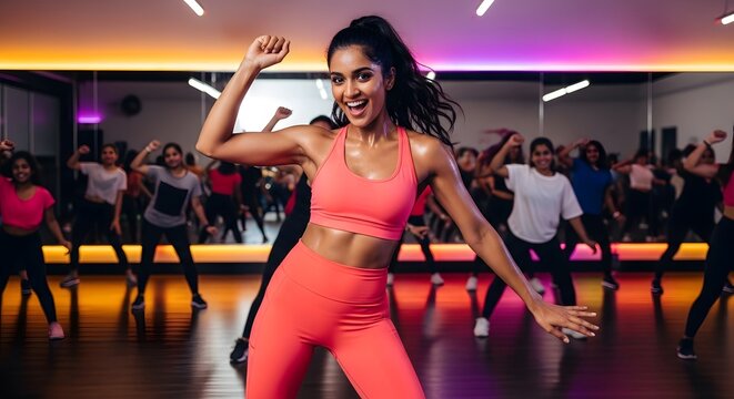 Energetic Zumba instructor leads a vibrant class with diverse participants in a modern studio, radiating joy and fitness.