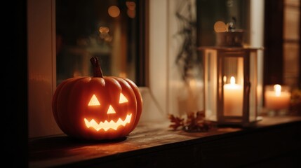 Obraz premium Halloween pumpkin lantern glowing with candle, spooky decor