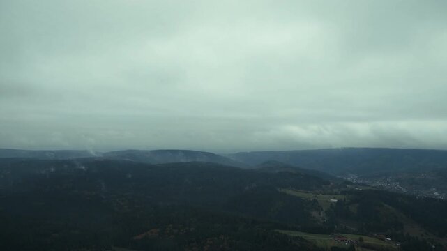 Mystischer Wald und Tal im Nebel im Herbst