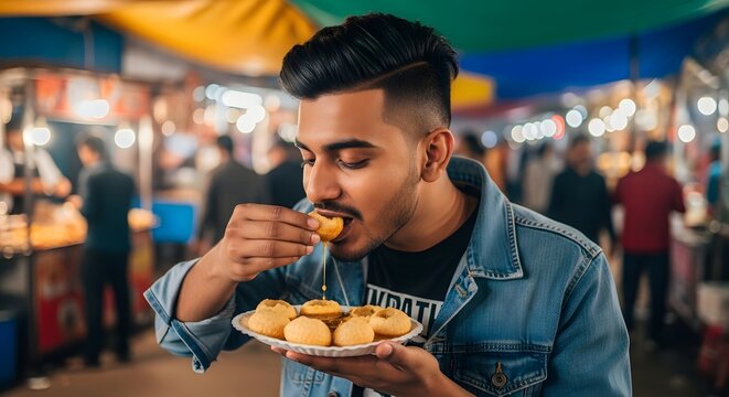Young man savoring street food at a vibrant market, enjoying a delicious snack with joyful expression