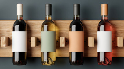 Four wine bottles with blank labels displayed on wooden rack, showcasing elegant design and modern aesthetics in a minimalist setting