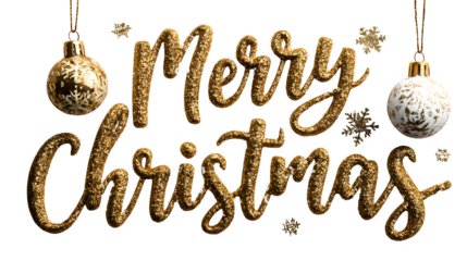 Festive Christmas lettering with golden glitter effect, snowflakes, and shiny ornaments isolated on white background