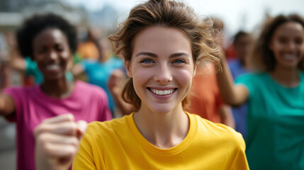 Fototapeta premium Group participating in charity walk, colorful shirts and smiles, motivation and kindness, social unity, health and compassion, giving back, community spirit, positive energy, with 