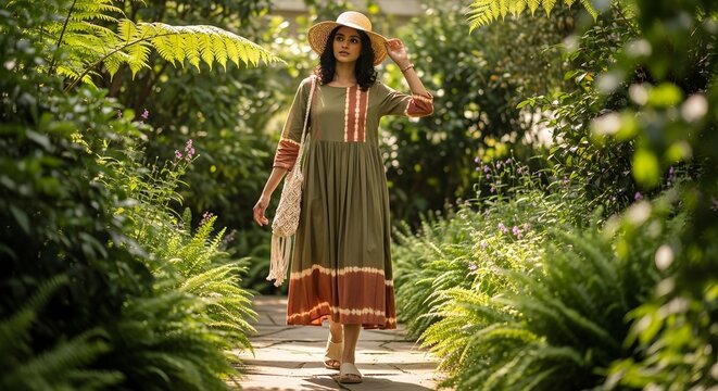 Elegant woman in boho dress strolls through lush sunlit garden, embracing nature's tranquility and serene summer escape