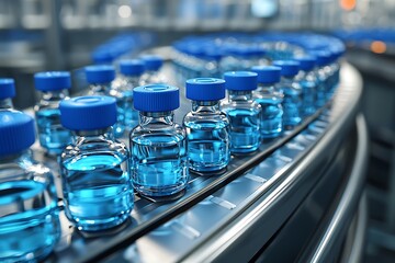 Obraz premium Robotic factory line producing sealed blue capsule containers picture
