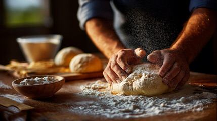 Fototapeta premium Baker kneading dough on wooden counter, warm morning light, artisan bread making, craftsmanship and patience, homemade food, traditional recipe, sensory joy, comfort and creativity