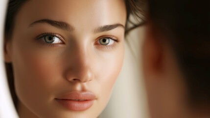 Fototapeta premium Young woman looking into mirror with natural makeup and soft light 