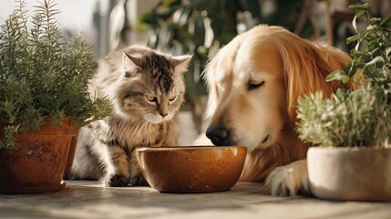Dog and cat sharing food together in cozy home with plants