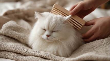 White cat being groomed with wooden comb on soft blanket  