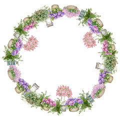 Watercolor illustration of a rectangular flower frame. Ornamental trees, shrubs, and potted flowers. For the design of products of the garden industry - fertilizers, planters, ornamental plants.