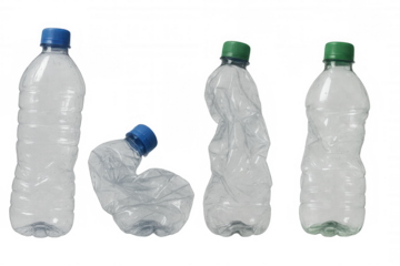 Plastic bottles, some crumpled and some whole, showing single-use waste for recycling and environmental awareness