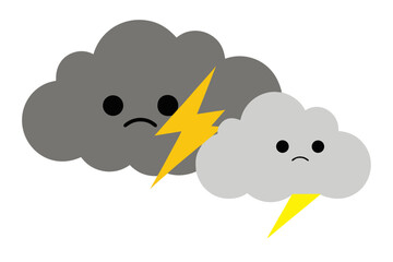 Two cartoon clouds with lightning and sad expressions