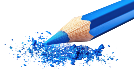 Blue pencil point on a pile of blue shavings, dark background