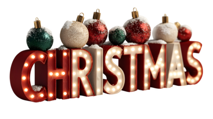 3D Christmas lettering with sparkling lights, baubles, and frosted snow accents isolated on white background
