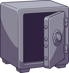 Small steel security safe with the door open, secure strong box cartoon vector illustration

