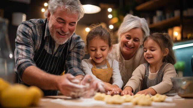 Family baking cookies together in cozy kitchen, flour on hands, laughter and love, home warmth, generational bonding, sweet memories, domestic joy, childhood happiness, with copy s