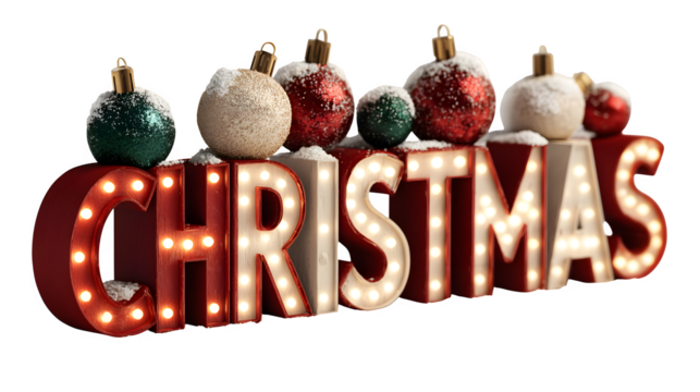 3D Christmas lettering with sparkling lights, baubles, and frosted snow accents isolated on white background - Powered by Adobe