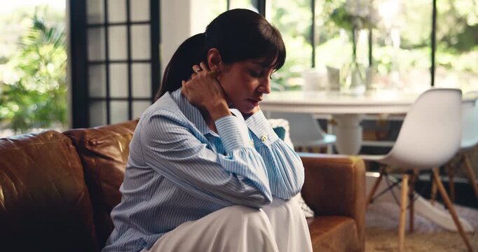 Sad, thinking and woman in home with stress, broken heart or remember memory of past trauma. Depression, reflection and mature person in living room with regret, anxiety or flashback for heartbreak