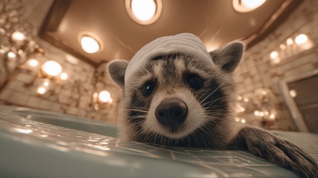 Un mapache con un gorro blanco asoma la cabeza sobre el borde de una piscina, con una expresi&oacute;n curiosa y adorable.