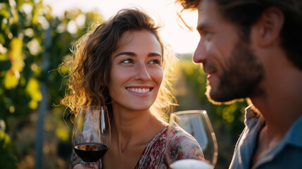 Couple enjoying wine tasting tour at vineyard, sunlight and vineyards in background, elegance and laughter, sensory experience, lifestyle leisure, romantic moment, cultural joy, wi