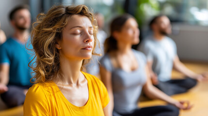 Obraz premium Group practicing yoga at wellness workshop, warm natural light, peace and focus, body balance, mindfulness and community, self awareness, mental calm, wellness lifestyle, with copy