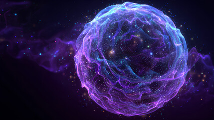 Vibrant 3d sphere of purple and blue waves and glowing particles. Abstract technology concept, Artificial Intelligence, engineering, big data, machine learning. Glowing energy orb on black. 