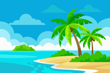 Tropical beach with palm trees and island landscape