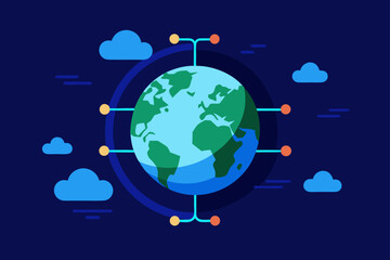 Illustrated globe connected with network and clouds