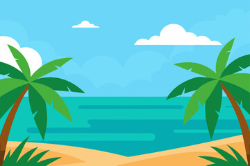 A beach scene with palm trees and clouds in the sky