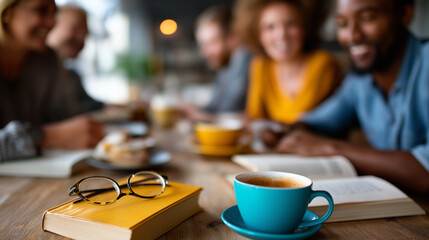 Members of book club discussing novel in cozy café, books and coffee cups on table, conversation and laughter, intellectual friendship, literature and community, shared curiosity, 
