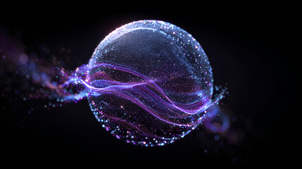 Vibrant 3d sphere of purple and blue waves and glowing particles. Abstract technology concept, Artificial Intelligence, engineering, big data, machine learning. Glowing energy orb on black. 