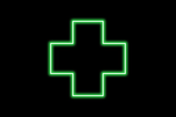 Green Neon Medical Cross Symbol on Black Background