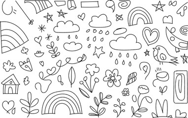 Fototapeta premium Doodle sketch pattern with nature elements and fun shapes in black