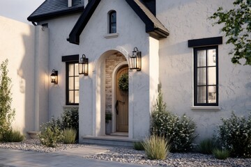 Fototapeta premium Charming entrance of a modern home featuring stone details, elegant lighting, and lush landscaping in a suburban neighborhood during early evening hours