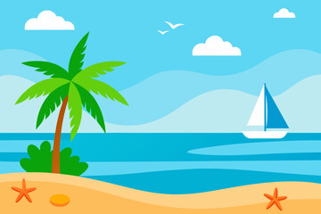 A cartoon beach scene with palm tree and sailboat