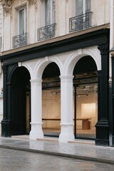 Modern art gallery entrance with elegant arches and a welcoming atmosphere located on a quiet street in a bustling city center during the early evening hours