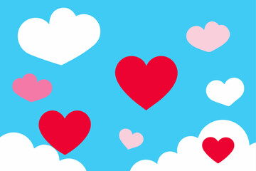 Hearts and clouds floating in a bright blue sky