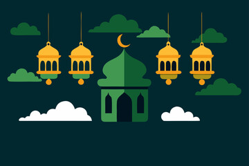 Illustration of mosque with lanterns and clouds art