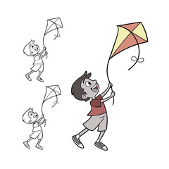 Joyful young boy flying a colorful kite up in the sky on a sunny day isolated on transparent background