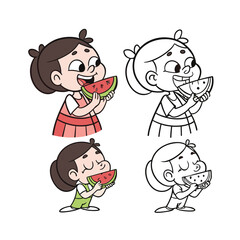 Two happy cartoon girls enjoying delicious slices of watermelon summer treat isolated on transparent background