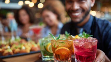 Bartender teaching mixology class, colorful cocktails and laughter, creative learning, social gathering, food and beverage art, teamwork and taste, sensory experience, modern lifes