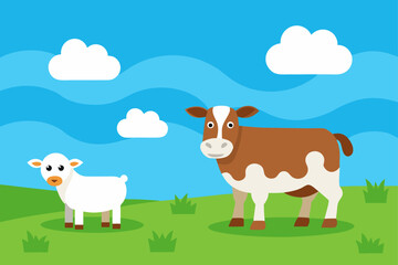 Cartoon cow and sheep in a field under blue sky day